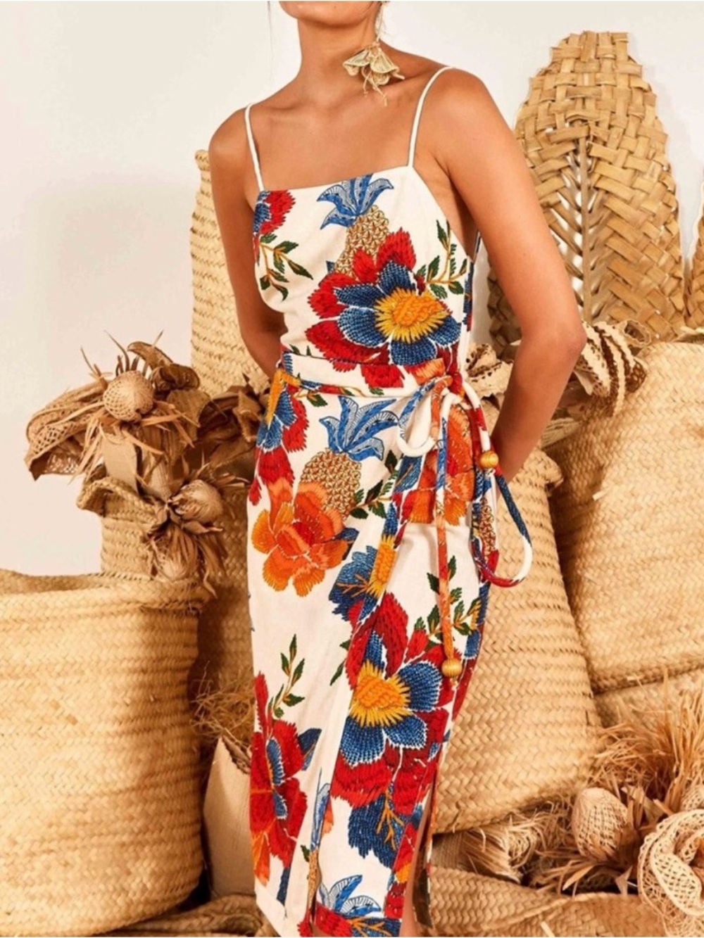 FARM Rio White Midi Dress with Red, Blue & Yellow Floral Embroidery